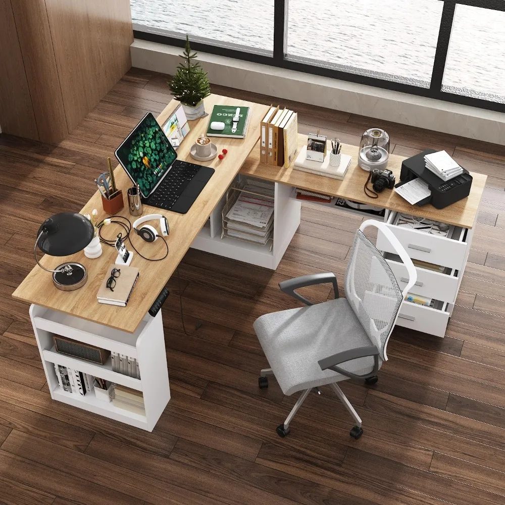 

L Shaped Standing Desk w/Drawers and Shelves, Executive Adjustable Height Desk, L-Shaped Design, 63 inch Tabletop,Standing Desk