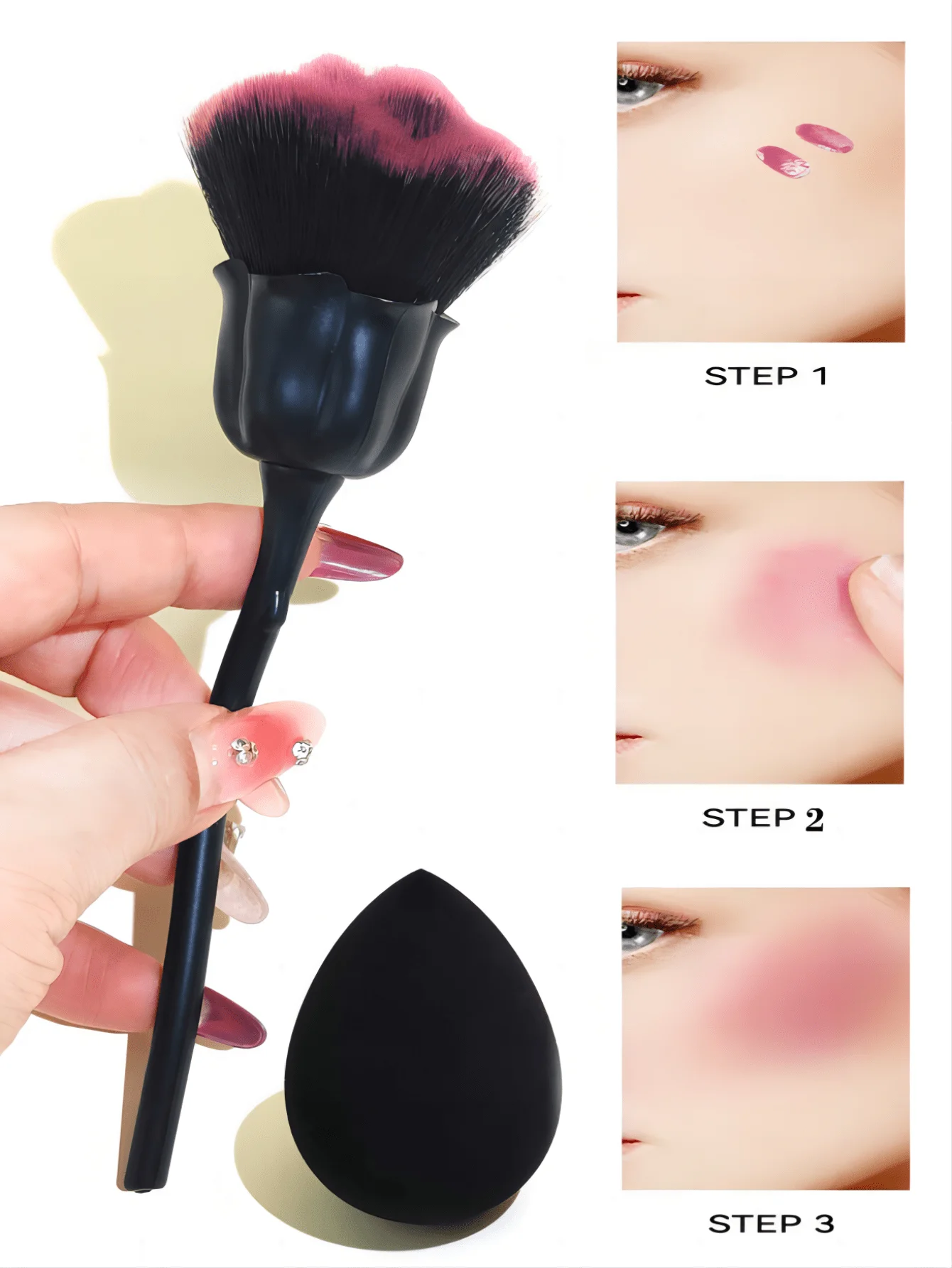 Zestaw pędzli do makijażu Black Rose Gradient z 1 Beauty Blender - puszysty pędzel do podkładu Rose Design i rozszerzalna gąbka do makijażu na mokro/sucho