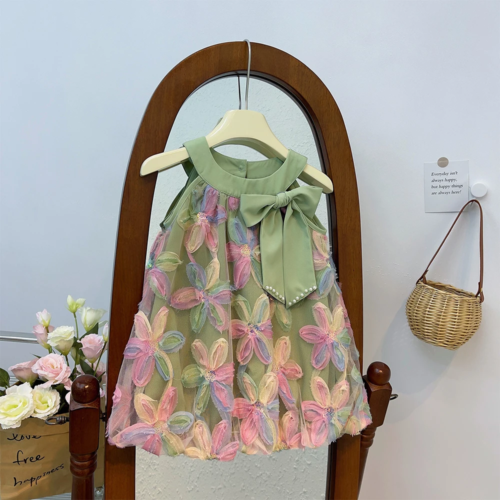 3-7-year-old Girls Summer Green Round Neck Hanging Bow 3D Floral Mesh Princess Dress for Birthday Party Wear
