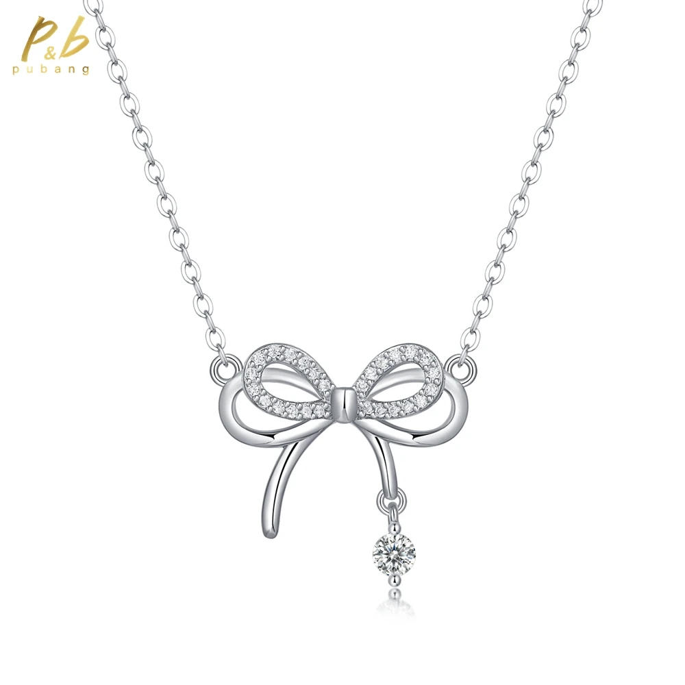 

PuBang Fine Jewelry Настоящее серебро 925 пробы 3EX VVS1 D Цвет 3 мм Муассанит Бриллианты Драгоценные камни Ожерелье с подвеской и бантом Оптовая продажа