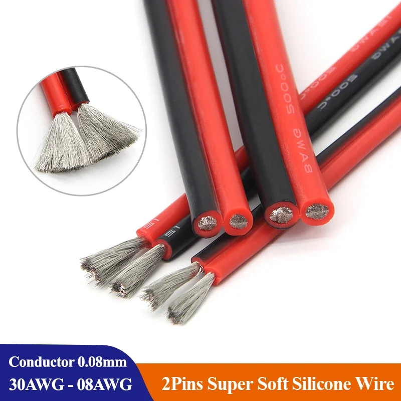 1~20m Super Soft 2 Pins Silicone Cable 30 28 26 24 22 20 18 16 14 12 10 8 AWG High Temperature Resistant 200℃ Tinned Copper Wire