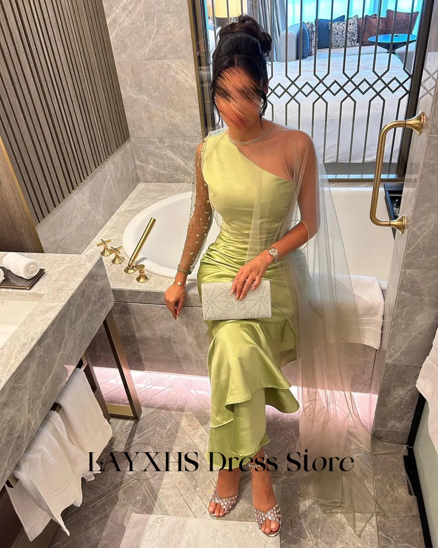 ที่กําหนดเองหนึ่งไหล่ชุดราตรีแขนยาวข้อเท้าความยาว Mermaid ซาตินงานแต่งงานชุด Saudi คําฉัตรชุดราตรี