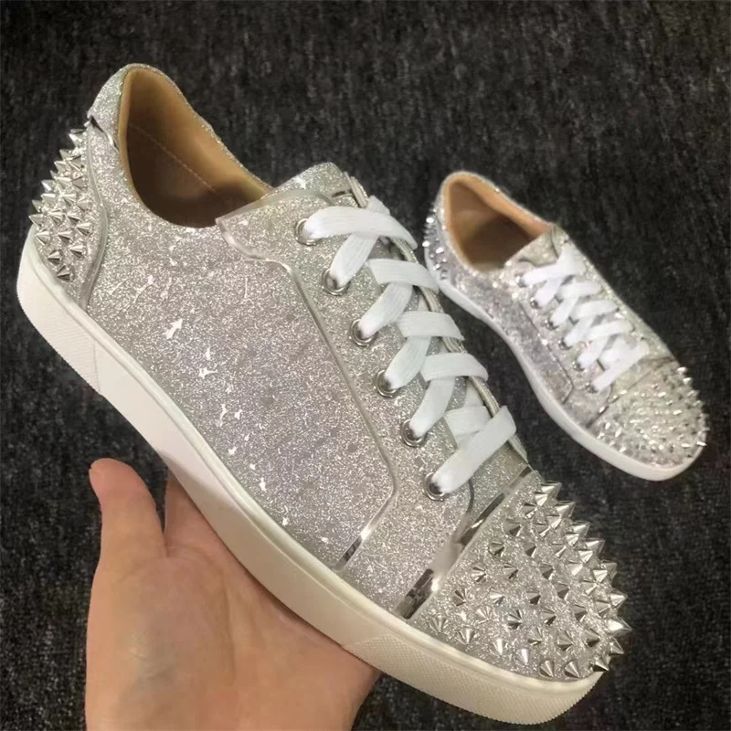 Silver Casual Sports Shoes for Men and Women Lace Up Sneakers Wedding Banquet Luxury Shoes Handmade High Quality Brand Design