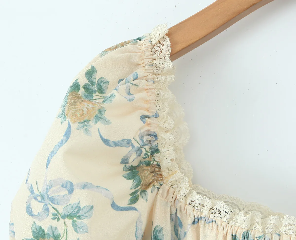 SKMY French Sweet Vintage Printed Fluffy Dress Women Clothing Lace Patchwork Puff Sleeve Square Collar A-Line Short Dresses