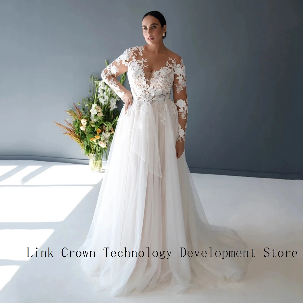 

Charming Plus Size Wedding Dresses with Lace Floor Length Full Sleeve Soft Tulle Champagne Bridal Gowns Robe De Mariée