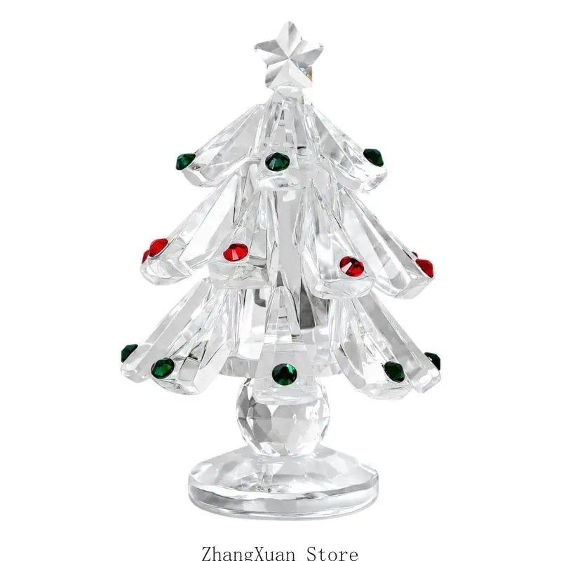 Bunte Kristall-Weihnachtsbaumfigur mit fünfzackigem Stern, facettierter Oberfläche und runder Basis für die Regalpräsentation – Detail 9