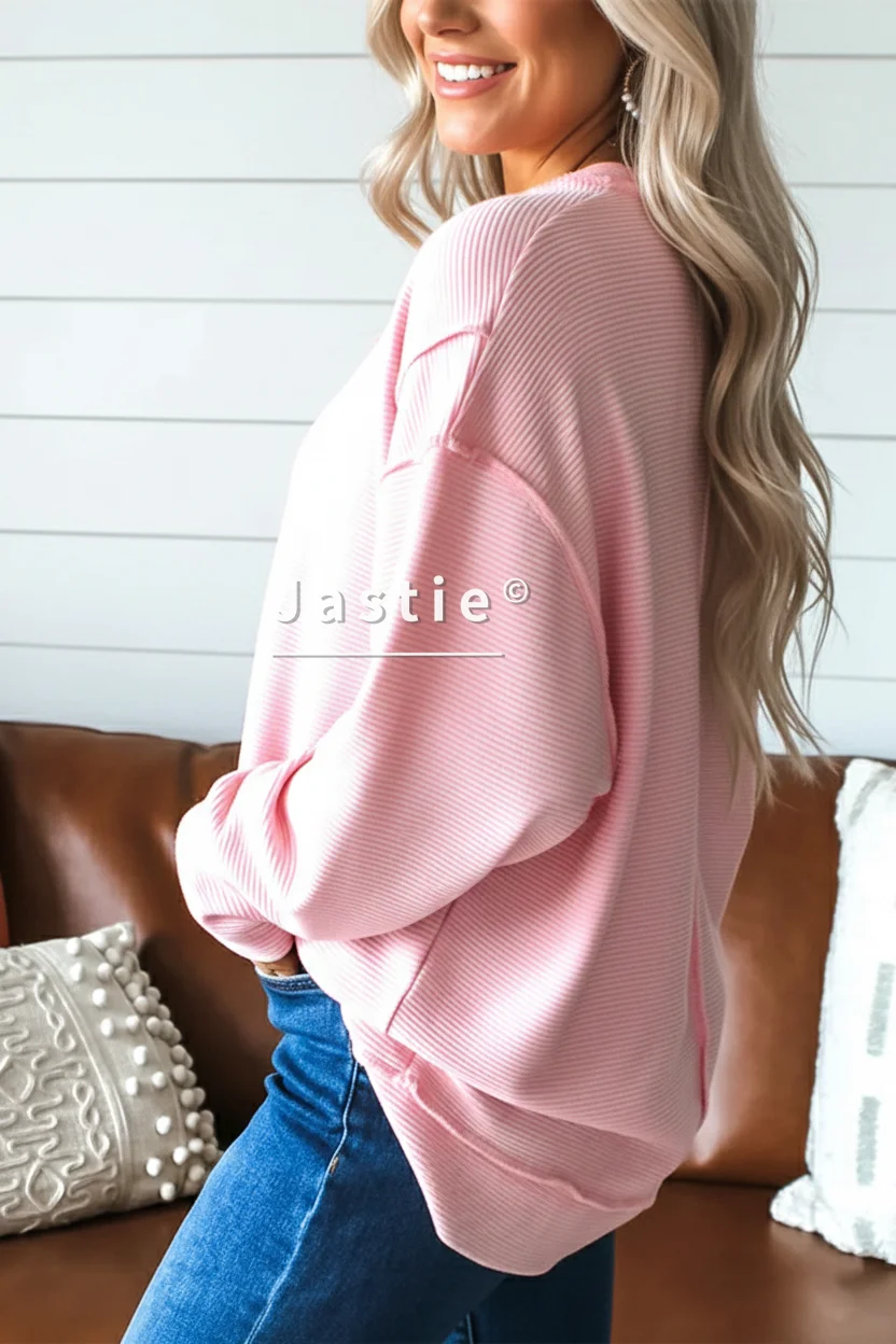 Sudadera con cuello redondo acanalado rosa para mujer, jersey de punto suave de manga larga de gran tamaño para comodidad y estilo informal de uso diario/semanal