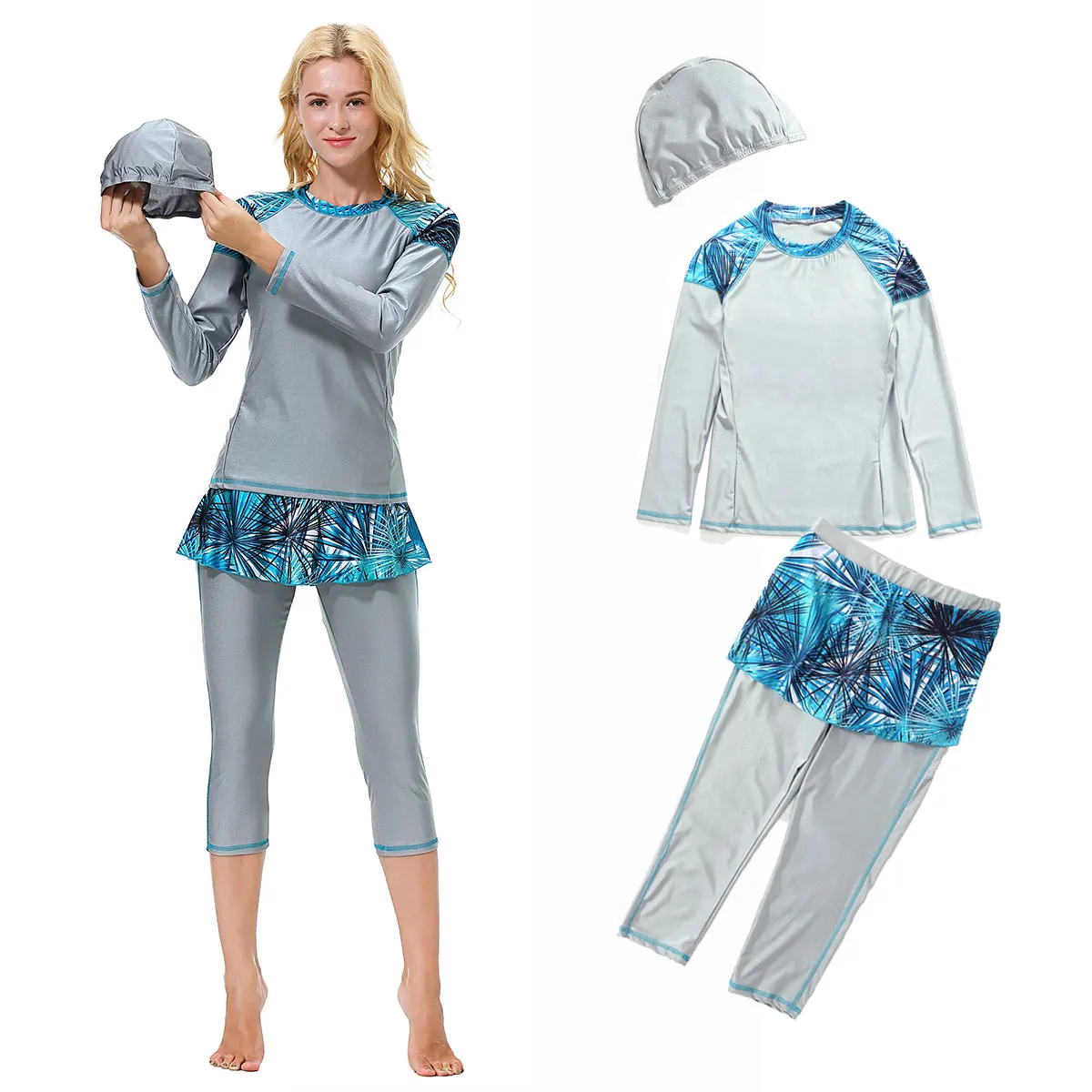 S-3XL Islamic Muslim Swimsuit Burkini Women Ladies Color Patchwork Leaves Printing Top Capri Pants With Skirt Hijab Quick Dry