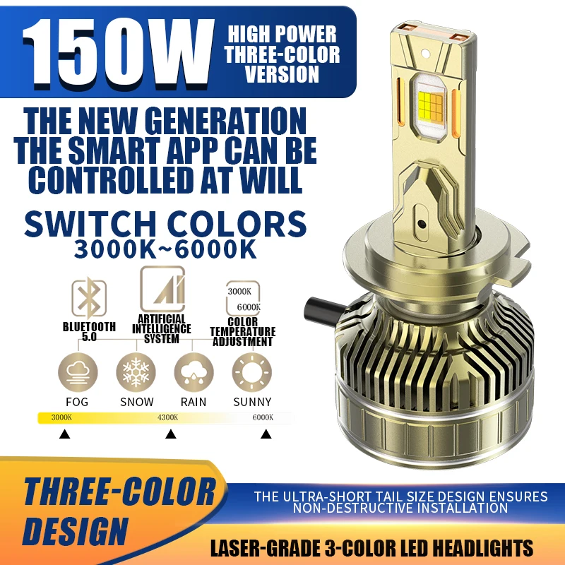 

KEVANLY 150W APP Control 3-Color LED Car Headlights H4 Dual Copper Tube Bi Beam Penetration Car Accessories Front Lights