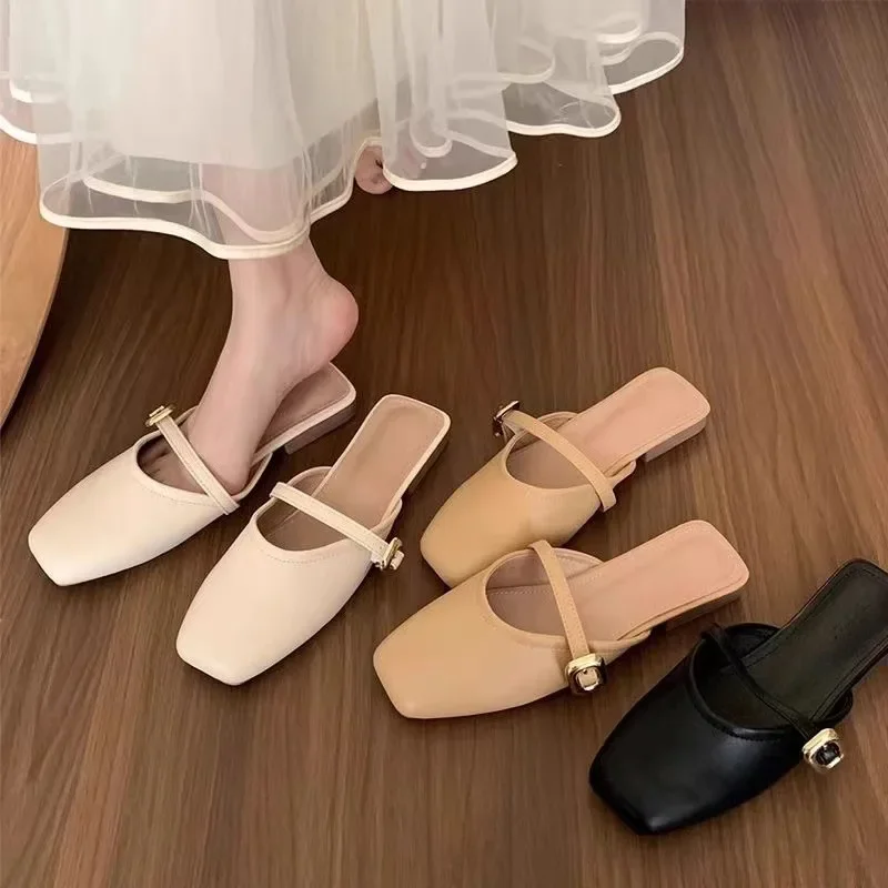 2024 Summer New Style French Soft Top Slippers Outer Wear Casual Versatile Flat Bottom Shallow Single Shoes For Women