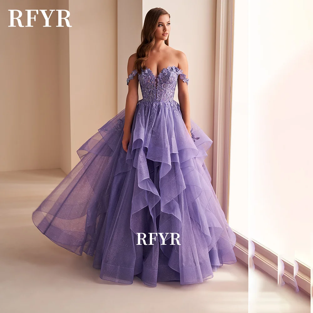 RFYR Fluffy Evening Dress Lace Prom Dress Multilayers Off Shoulder Princess Gown Elegant Gown فساتين مناسبة رس image 4