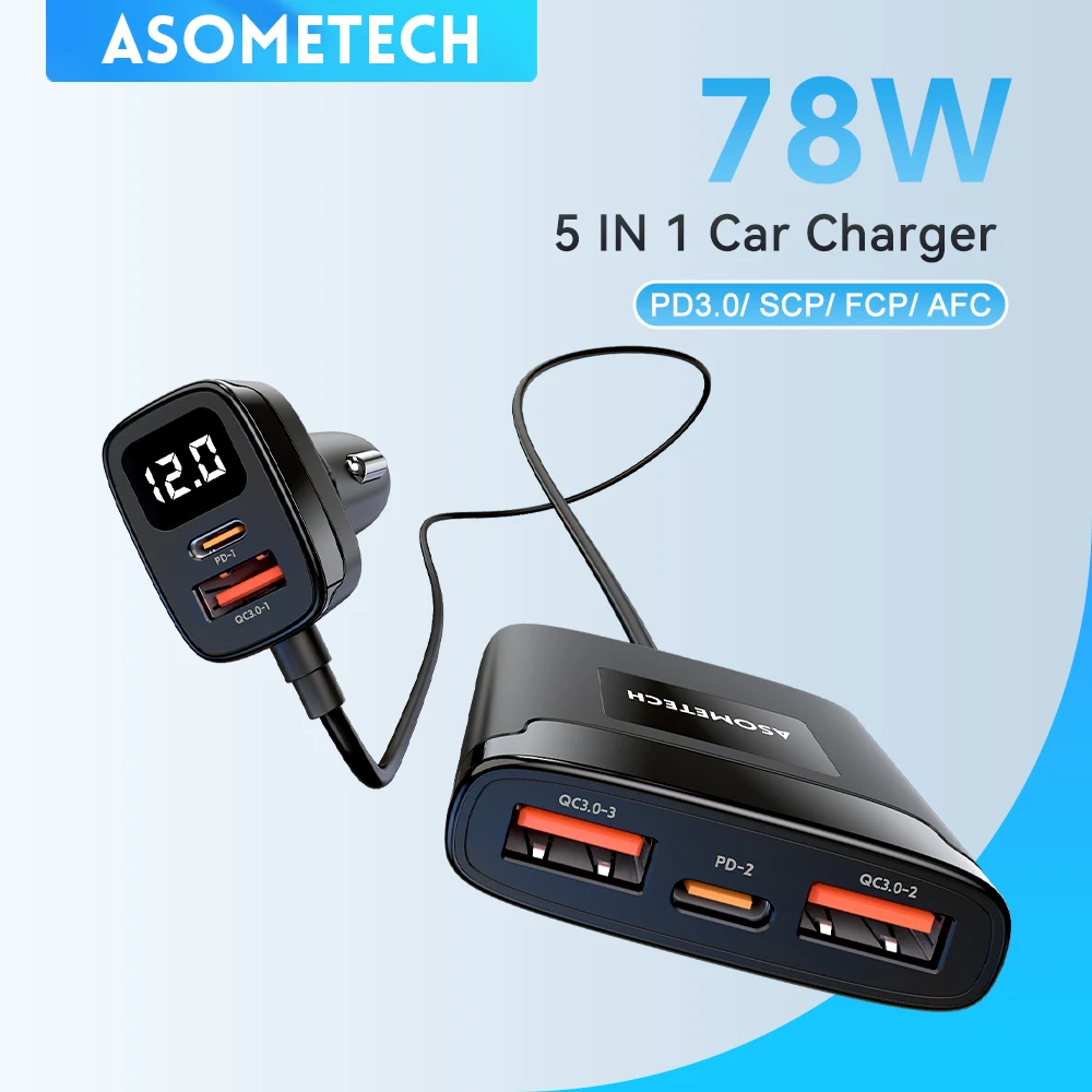 ASOMETECH cargador de coche USB de 5 puertos 78W SCP PPS AFC USB tipo C carga rápida para iPhone 14 13 Pro Huawei Xiaomi Samsung S22 Ultra