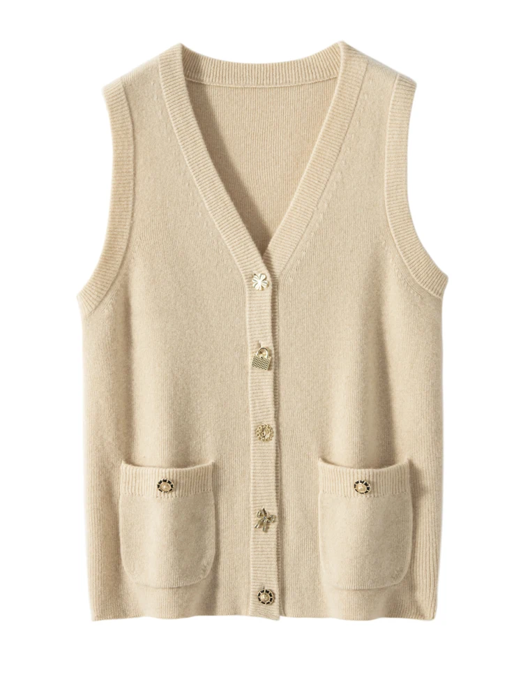 High Quality Women 100% Cashmere Sweater Vest V-neck Metal Buttons Sleeveless Cardigan Autumn Winter Thick Casual Chic Waistcoat