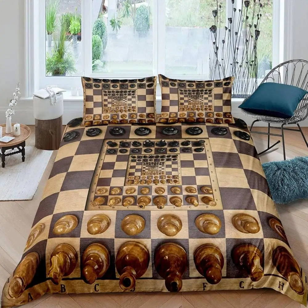 International Chess Duvet Cover Full Queen Size,Chess Board Game Bedding Set for Teens Adults,Fashion Chessboard Comforter Cover