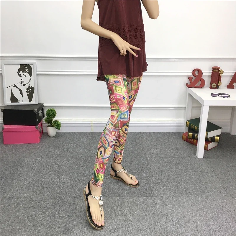 Summer Sunscreen Mesh Leggings Women's Bohemian Semi Permeable Meat Large Elastic Travel Nine Point Printed Pants Thin Trend