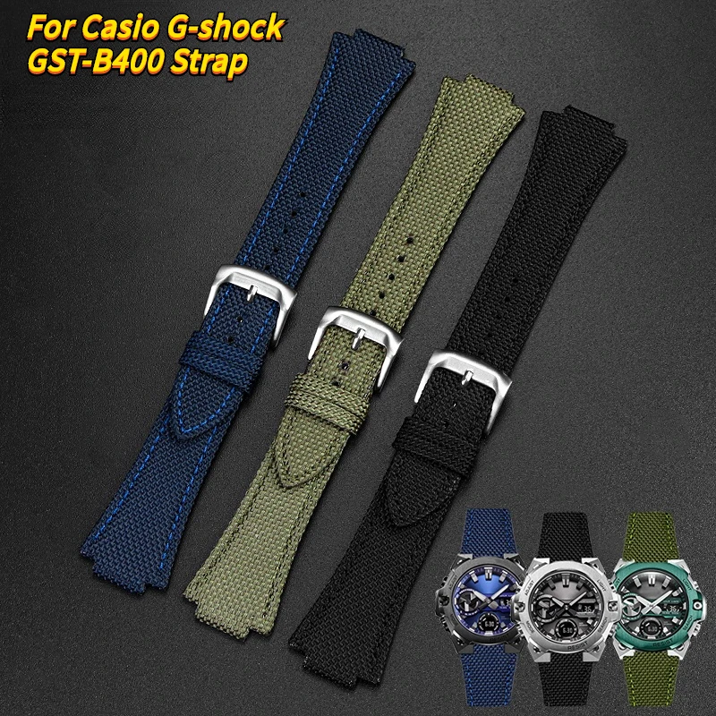 

For CASIO G-Shock GST-B400 men nylon watch band cowhide watchband 14mm Convex breathable Stainless steel Wrist strap accessories