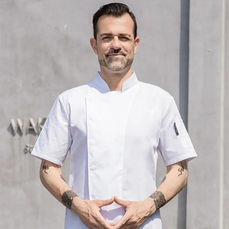 Men Chef Coat Short Sleeve Cafe Bakery Waiter Shirt Catering Kitchen Breathable Cotton Jacket Overalls Restaurant Hotel Uniform