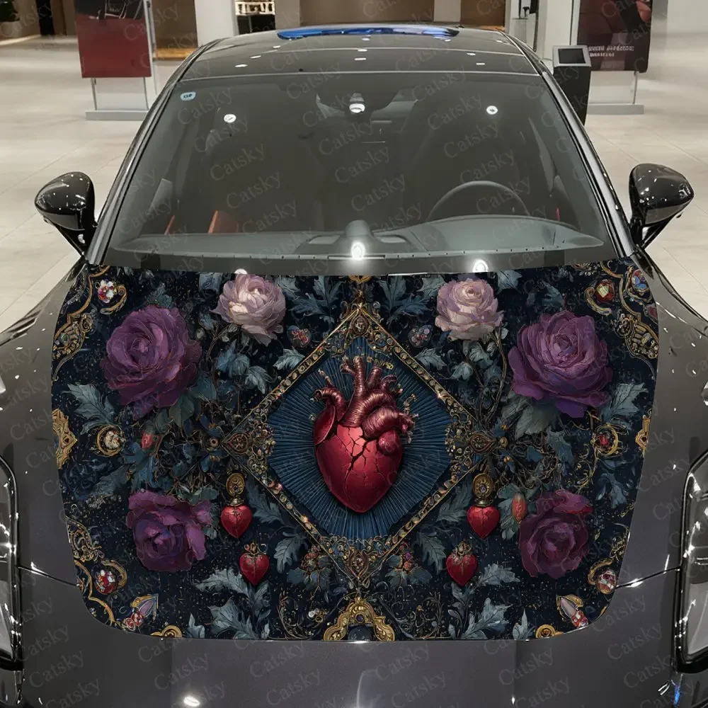 Gothic Purple Rose Heart Ornament Car Vinyl Wrap, PVC Material Waterproof Car Hood Sticker, Self-Adhesive Scratch-Resistant Stic