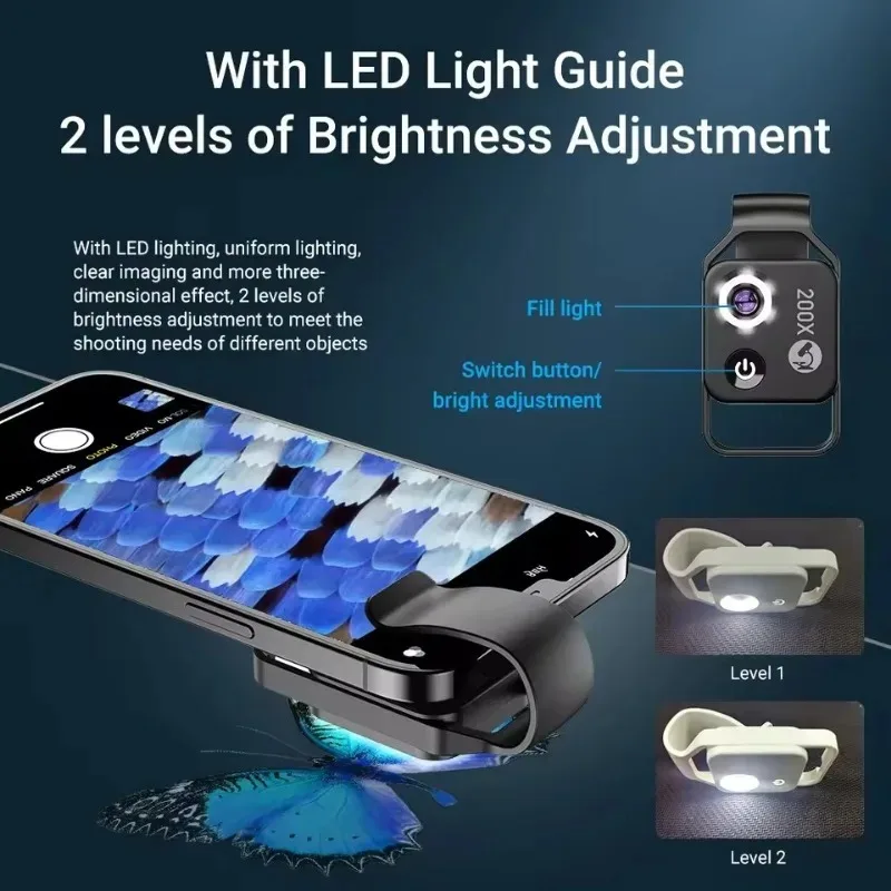 High Magnification 200X Microscope Lens with CPL and LED Lighting Portable Pocket Lens for iPhone XS Samsung and All Smartphones