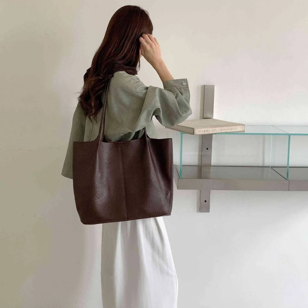 Vintage Large Tote Bag for Women Soft PU Leather Shoulder Bag Simple Design Big Capacity Handbag for Work Office School