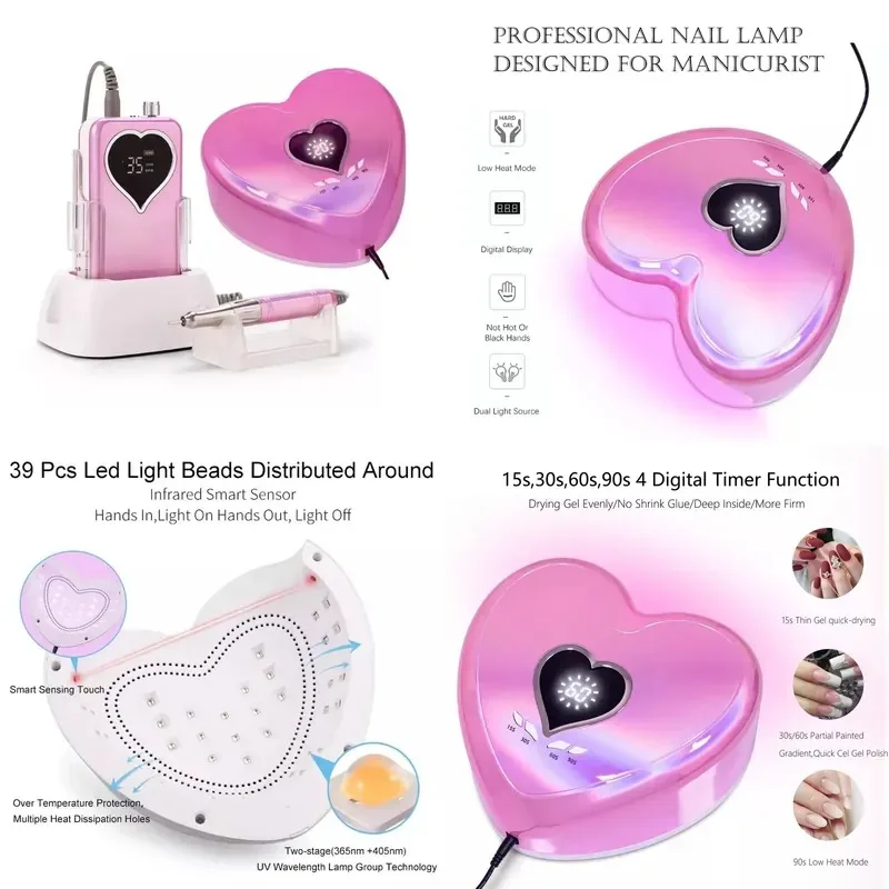 Hot Sale Light Emitting Diode Professional Salon Pink Heart UV Nail Light Electric Nail Drill 35000 rpm File Polisher Kit