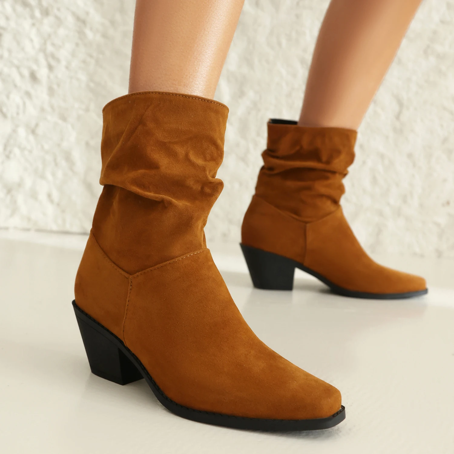 2024 new spring antumn women ankle boots plus size 22-26.5cm flock upper square toe thick heel modern boots Amazon short boots