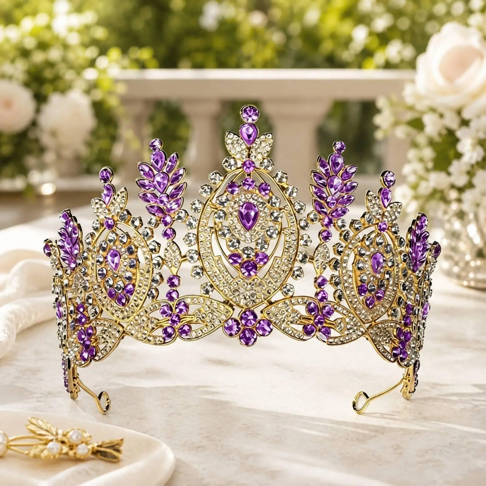 Crown Headpiece with Rhinestones Sparkling Alloy Crown with Side Loops Wedding Rhinestone Tiara for Brides, Artists, Stage