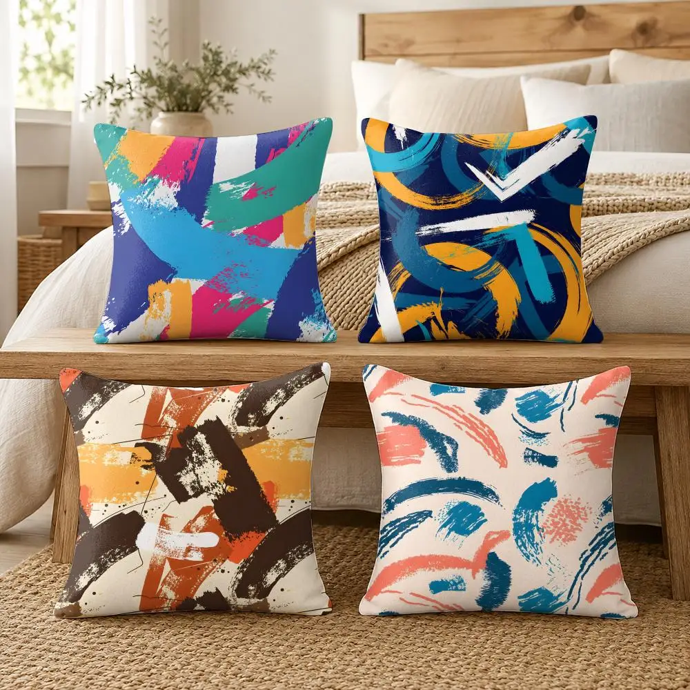 Modern Graffiti Stroke Prints Cushion Cover Silky Short Plush Invisible Zipper Dustproof Sofa Pillow Case For Home Decor