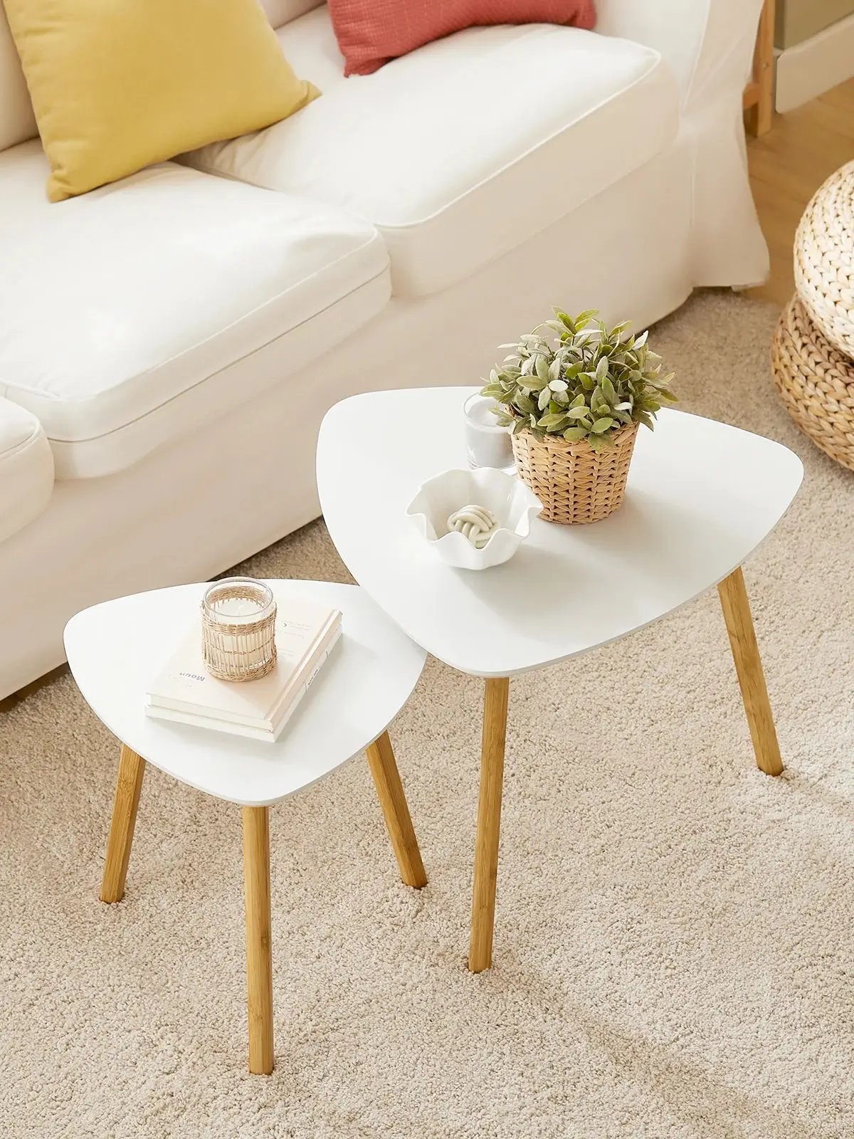 SoBuy FBT74-W 2er Set Beistelltisch mit Ablagen Couchtisch Sofatisch Kaffeetisch Satztisch Bambus Weiß/Natur