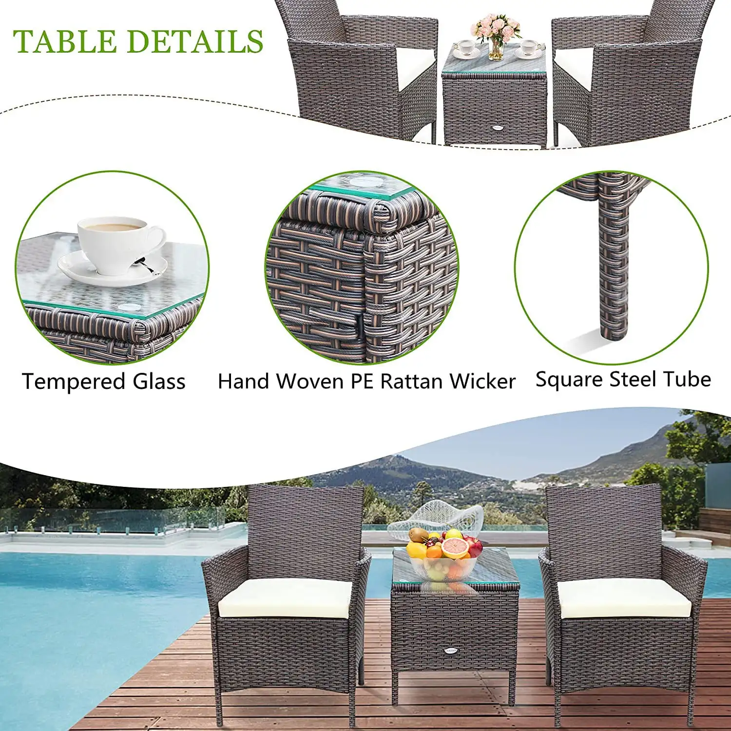 3 Pieces Outdoor Patio Furniture PE Rattan Wicker Table and Chairs Set Bar Set with Cushioned Tempered Glass, Brown/Beige, 2 image 5