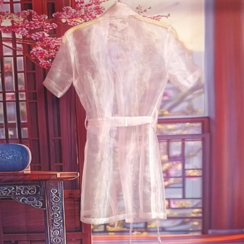 

Sexy Sheer Silky Touch Short Sleeved With Sashes Dress Plus Size For Men Women, Organza Glossy Dress Cos Erotic Uniform