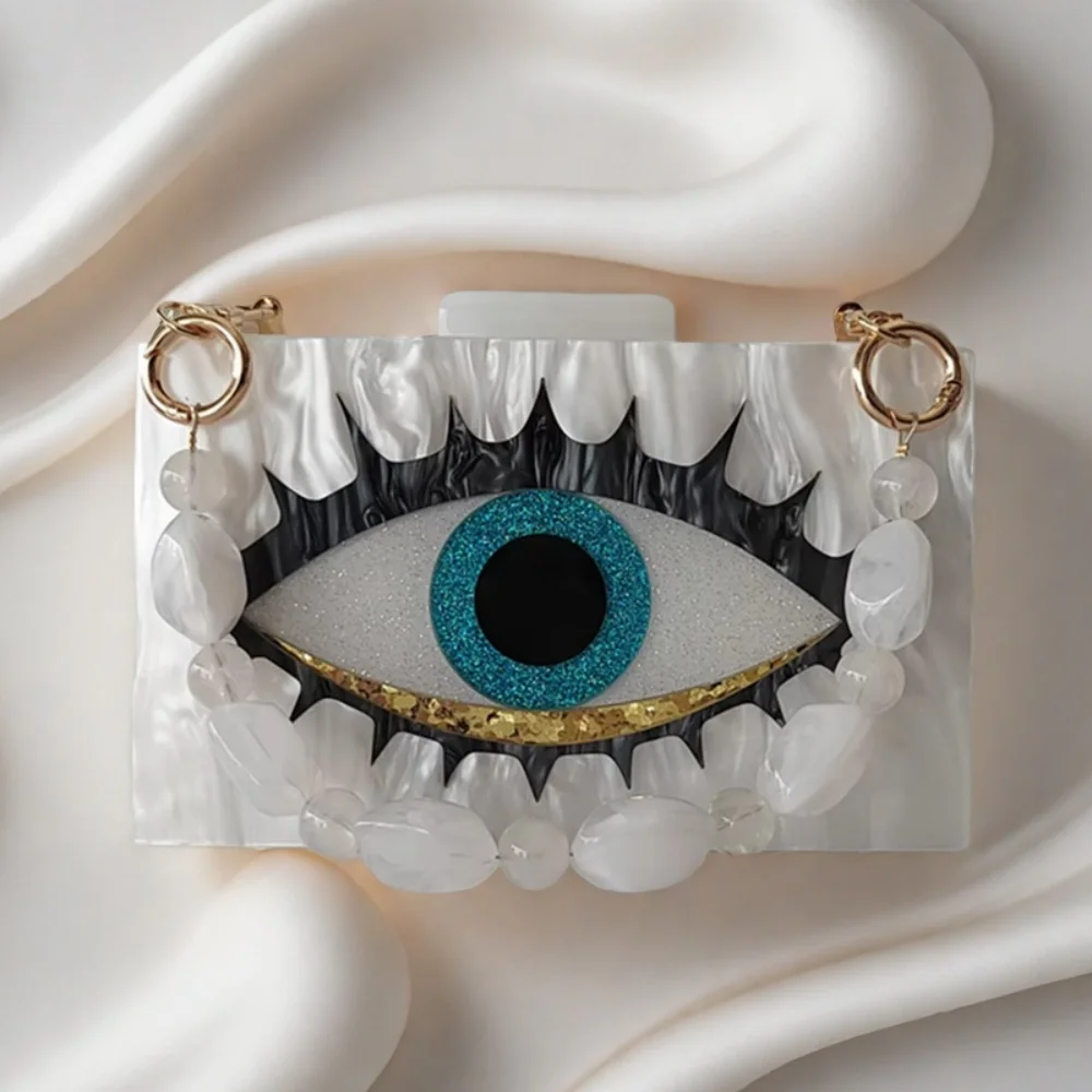 

Casual Cute Dinner Evening Bag Trendy Wedding Chain Mini Small Women Wallet Marble White Evil Eye Cartoon Acrylic Clutch Purses