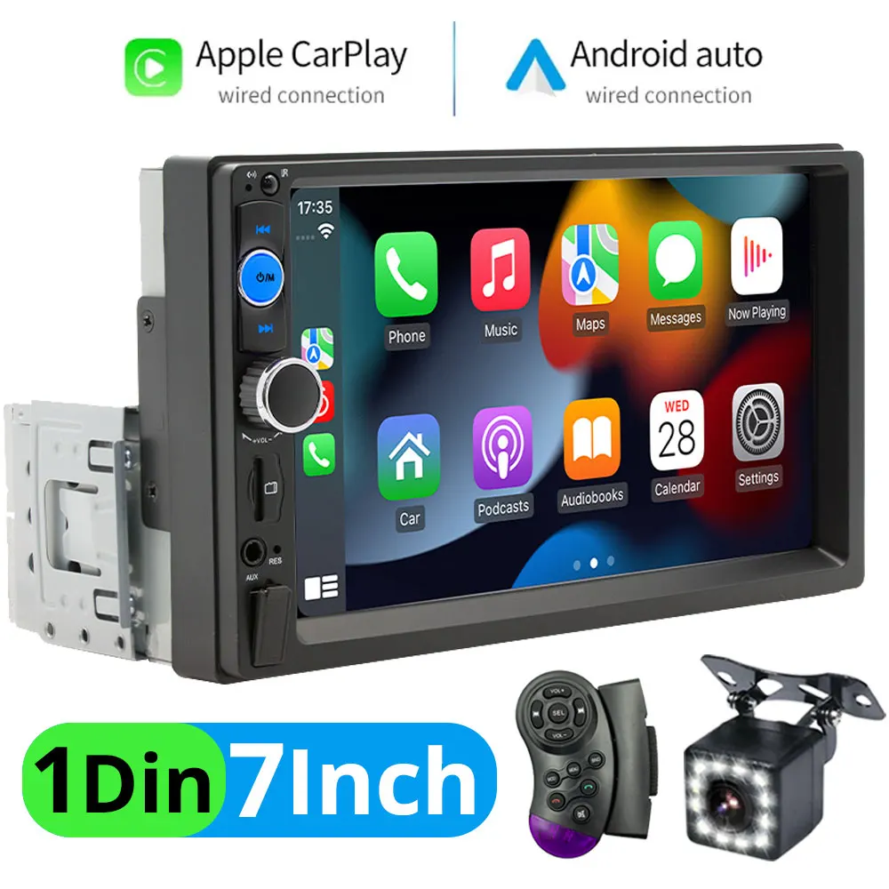 

1Din Car Radio Bluetooth MP5 Player 7 inch Touch Screen with Apple Carplay Android Auto 2 Din Multimedia Players USB 60W*4