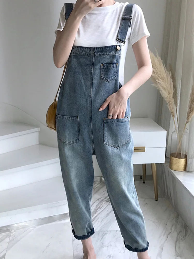 Lady Oversize Slacks Narrow Leg Jumpsuit Korean Version Straight Leg Overalls Female Light Blue Students Solid Color Kpop Jeans