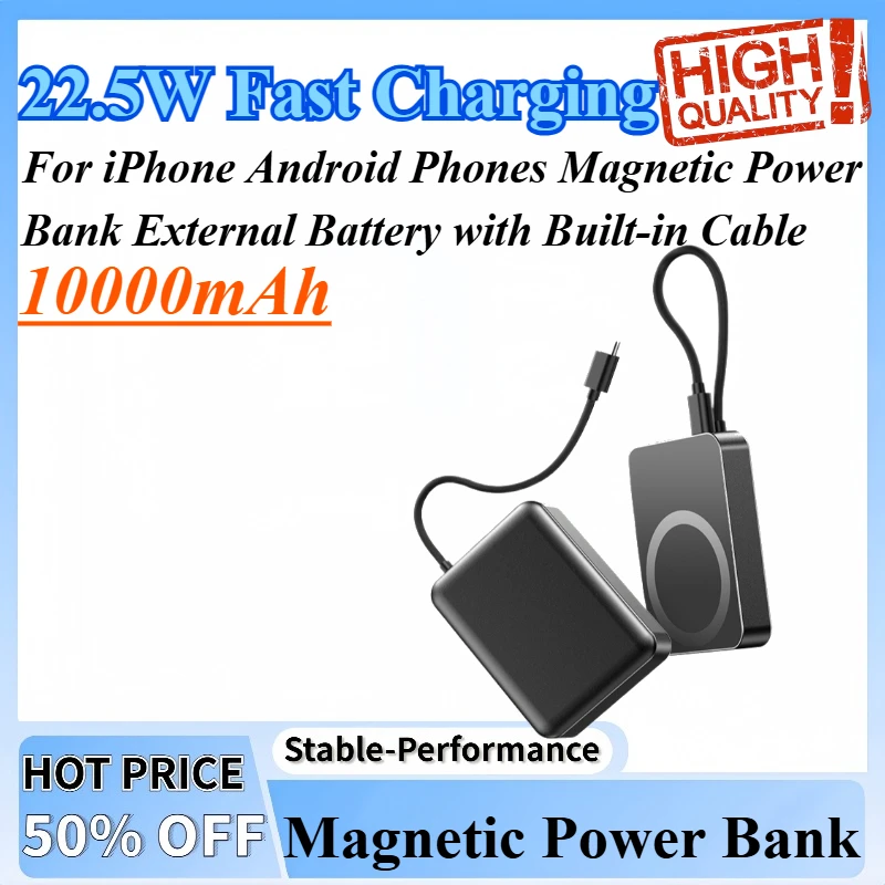 

10000mAh 22.5W Fast Charging Magnetic Power Bank External Battery with Built-in Cable Compatible For iPhone Android Phones