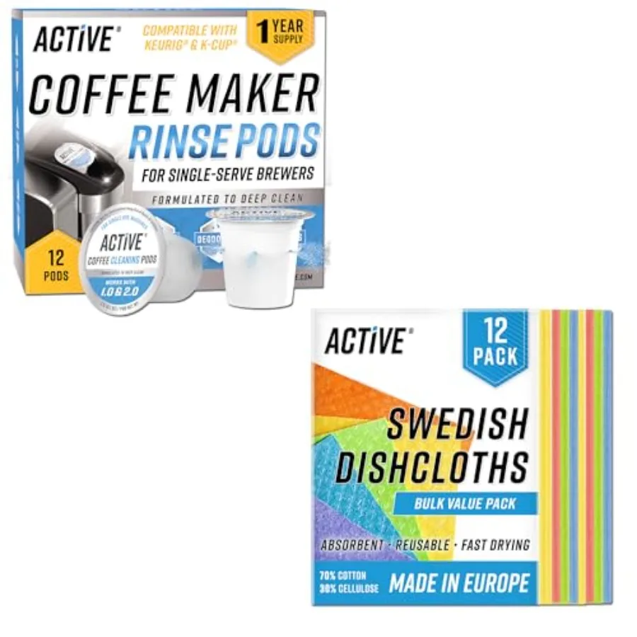 

ACTIVE Keurig Compatible Cleaning Pods and Swedish Sponge Cloths - Includes 12ct K-Cup Compatible Cleaner Pods and 12pk Swedish