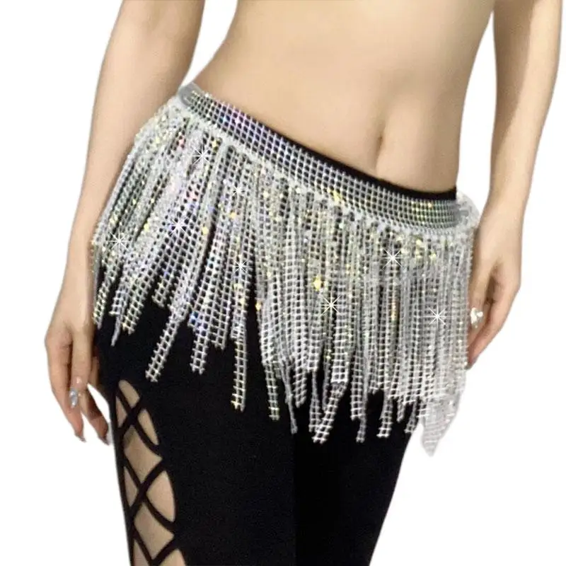 Female Mesh Diamond Belly Dance Hip Scarf Multi Layer Triangle Noble Tassel Towel Beaded Waist Chain Belt Group Versatile Outfit