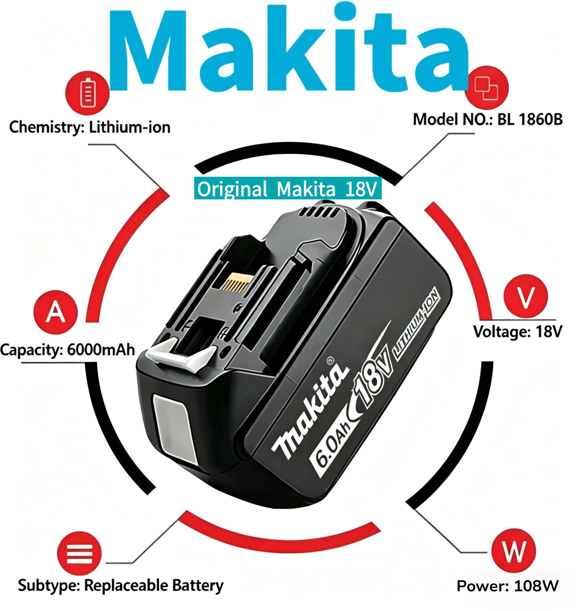 

Makita 6Ah original Battery compatible Makita 18V power tools DDF487 DGA404 DTW700 DTD173 DHP487 Lithium-ion Battery replacement