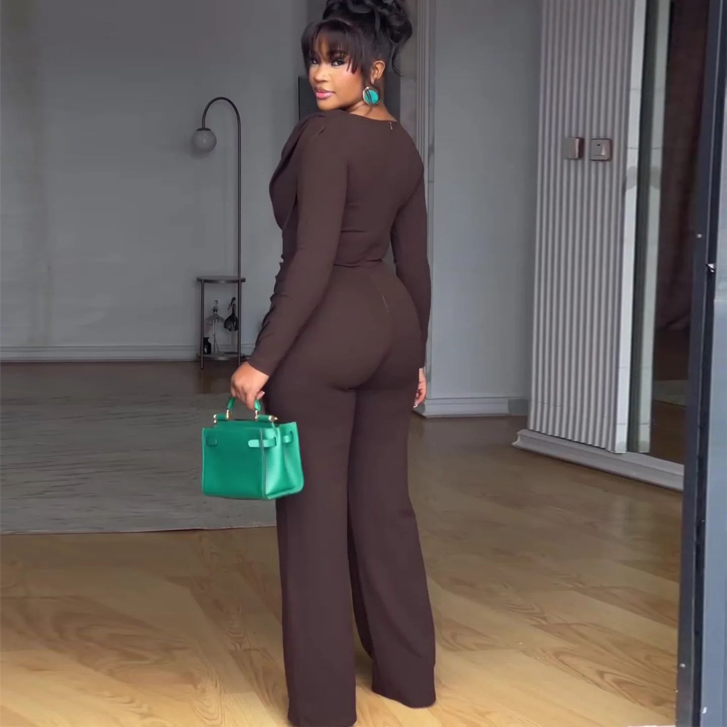 سوينغ طوق Ruched بذلة طويلة الأكمام الصلبة أنيقة مكتب سيدة غير المتماثلة هيم عادية خمر Ruched سليم السروال القصير الخريف