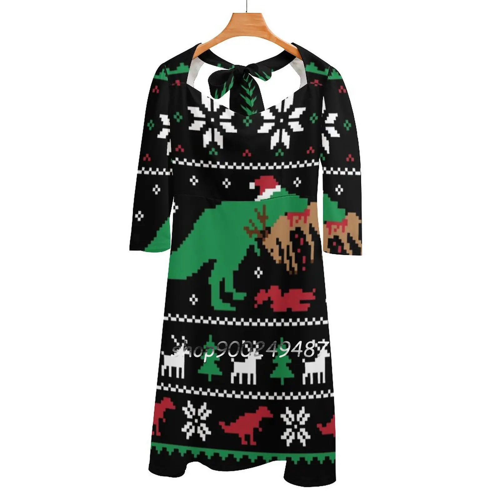 

Dinosaur Ugly Christmas Sweater-Funny Christmas Gift Sweet Elegant Dress Women Korean Kawaii Square Collar Dress Dinosaur Dino