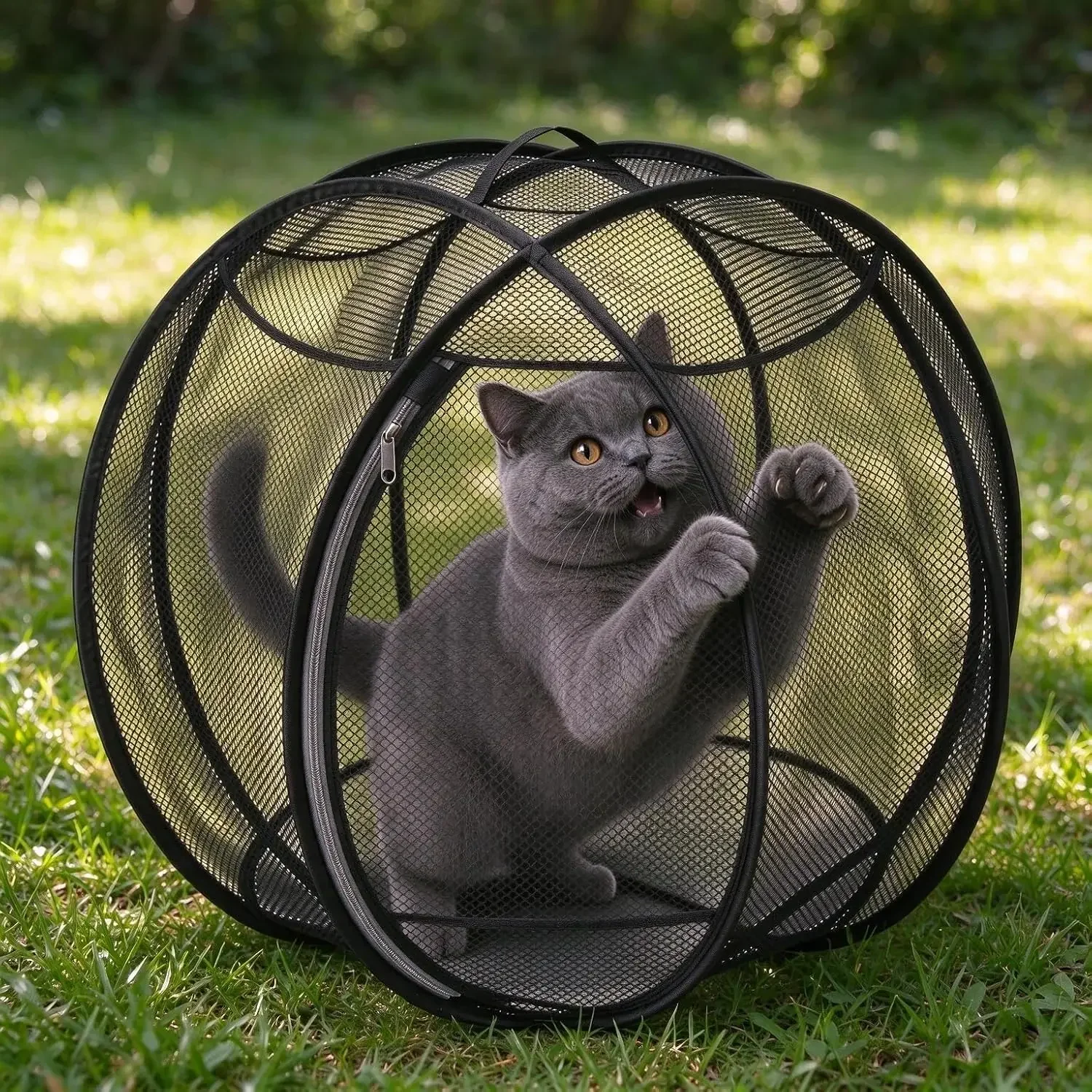 Rolling Cat Playpen, 360° Panoramic Cat Hamster Ball for Cats, Foldable Mesh Cat Exercise Ball, Portable Outdoor Cat Enclosure