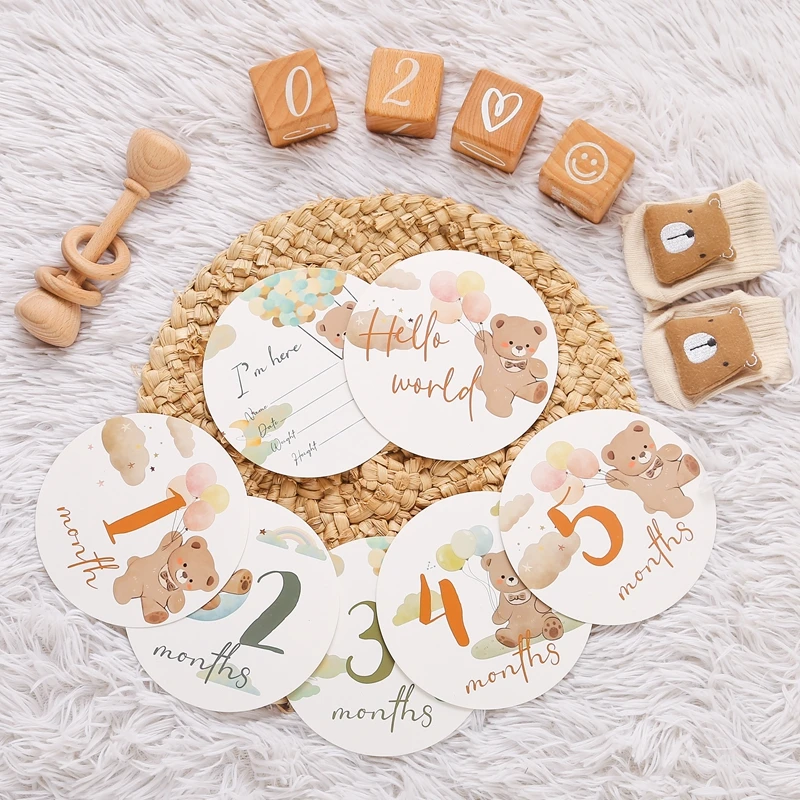 16 Stücke Papier Baby Meilenstein Nummer Monatliche Gedenkkarten Neugeborenen Cartoon Bär Gravierte Alter Fotografie Requisiten Baby Geburt Geschenk – Detail 10