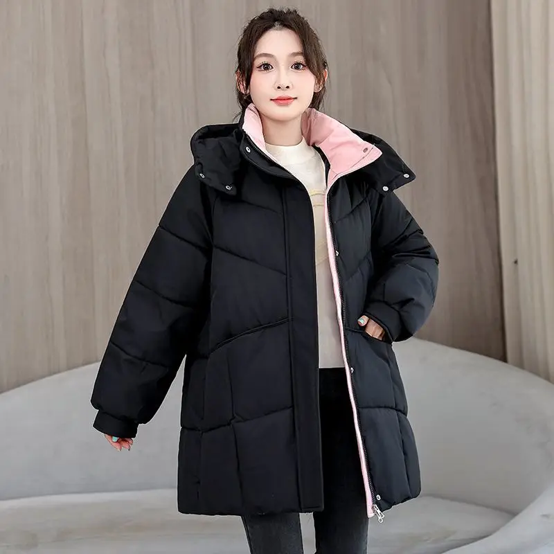 Winter Vrouwen Parka 2025, Mode Nieuwe Losse Mid Lengte Katoen Gewatteerde Jassen Lange Mouw Effen Brood Kleding Casual Uitloper top
