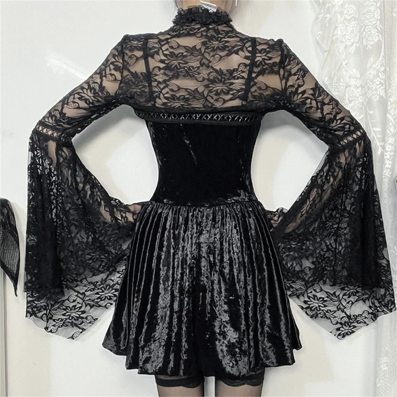 95AB Estetyczny gotycki krótki top zasznurowany wzruszając ramionami dla kobiet rozkloszowany, długim rękawem prześwitujący