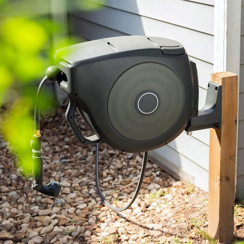 Garden Hose Reel Retractable Hi-Flow x 100ft Wall Mounted Hose Reel Automatic Rewind, Any Length Lock with 9 Patterns Spray