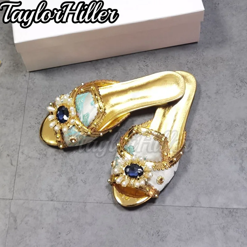 Summer Court Style Golden Flat Slippers Blue Gemstones and Pearls Decoration for Women Mule Sandals Pull On Slip On Shoes 2026