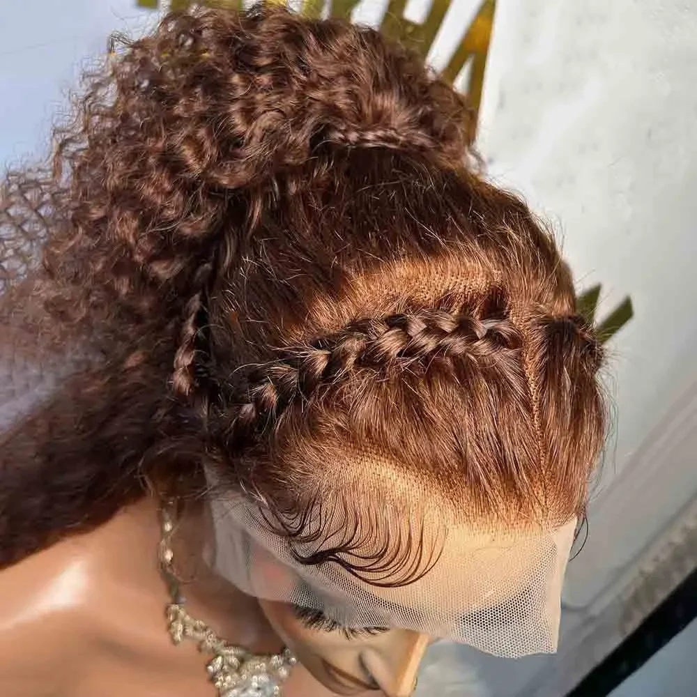 26 Zoll weiche braune vorgezupfte lange 180 Dichte verworrene lockige tiefe Lace-Front-Perücken für Frauen mit Babyhaar, leimloser natürlicher Haaransatz