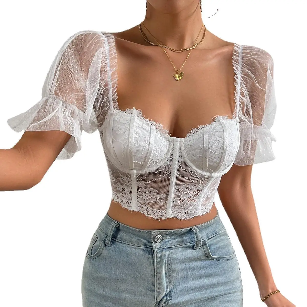 Nuovo arrivo Ins Sle Me Capispalla per ragazze di fiori in pizzo trasparente Top ort Lunghezza Collezione estiva in fibra di poliestere