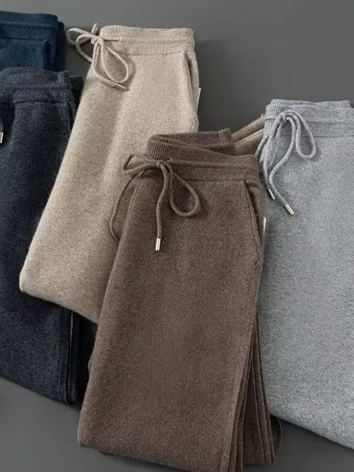 

Vintage Drawstring Casual Knitted Pants Men's Autumn Winter New Chic Solid Color Pencil Pants 100% Cashmere Thick Warm Trousers