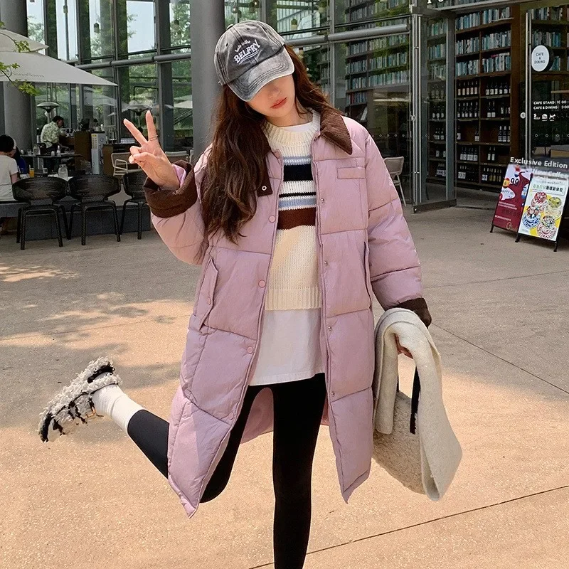

Korean Style Winter Coat Women Loose Fit Long Collar Fluffy Cotton Jacket Splice Color Outerwear Warm